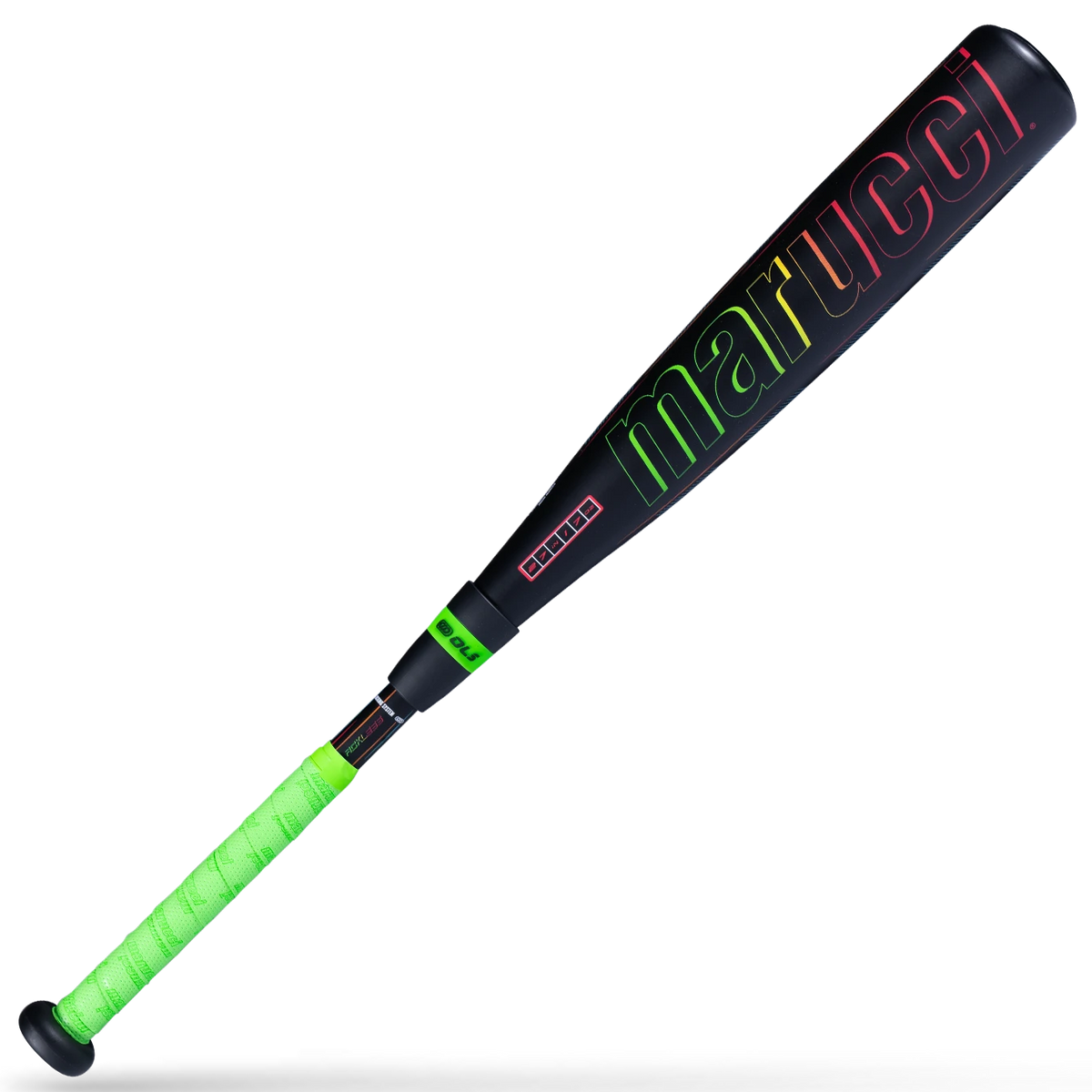 A black Mueller baseball bat with a bright green grip and red, yellow, and green 'mueller' branding on the barrel, shown diagonally on a white background.