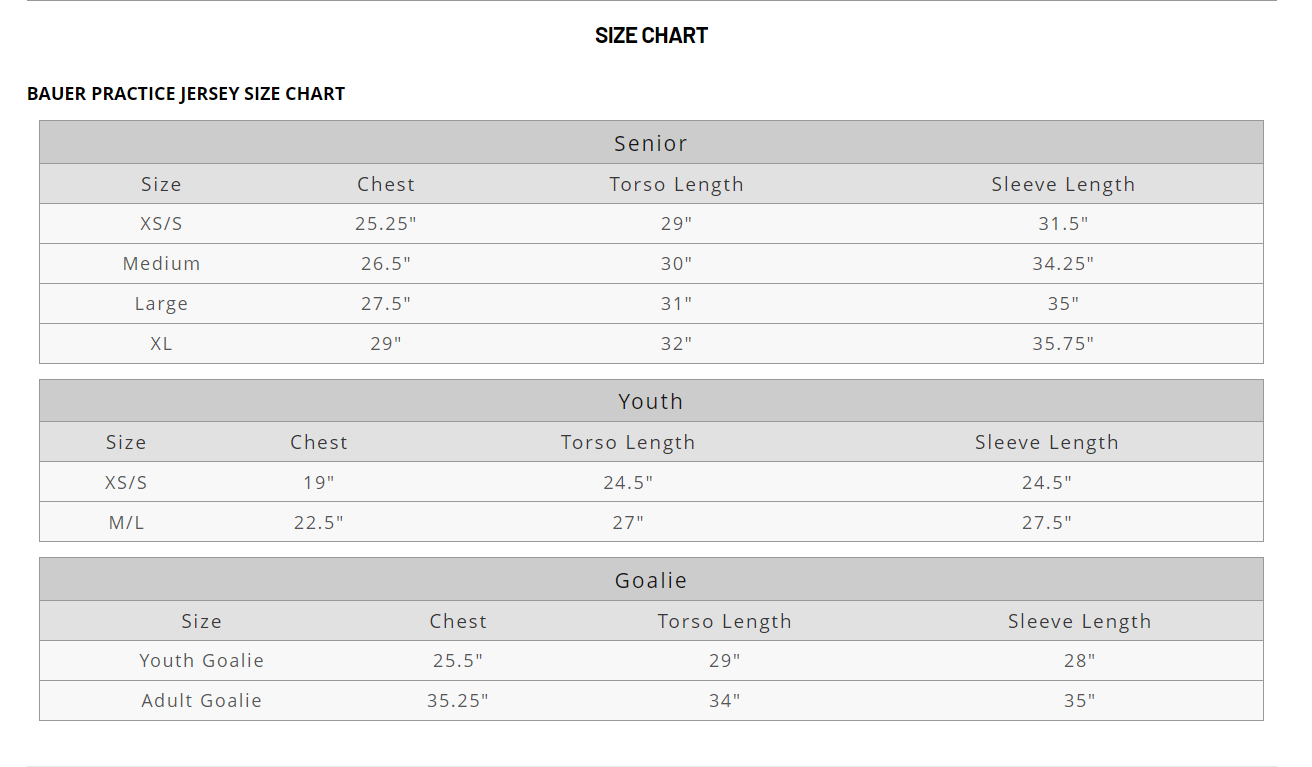 Bauer hockey online jersey size chart