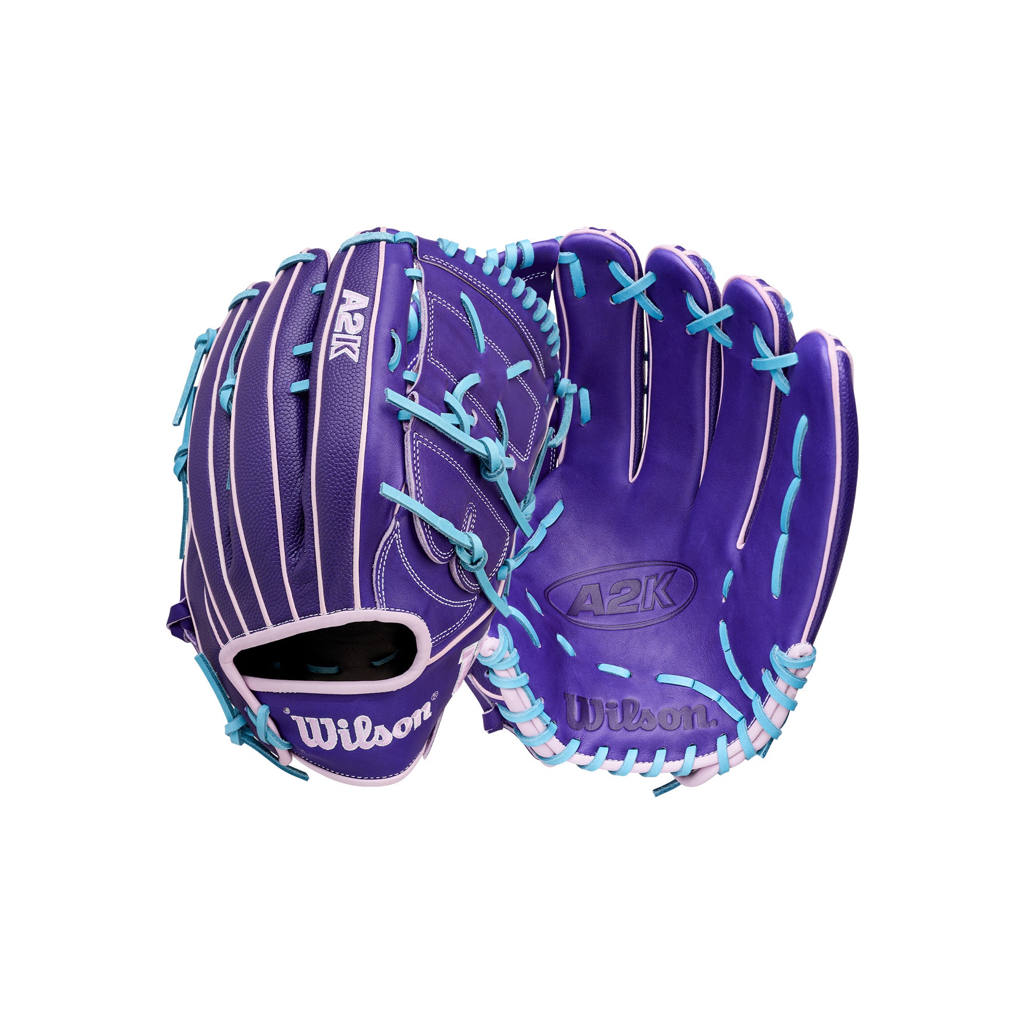 Gant de baseball polyvalent Wilson A2K B75SS 2026, 12,75 pouces, pour droitier, violet/bleu ciel