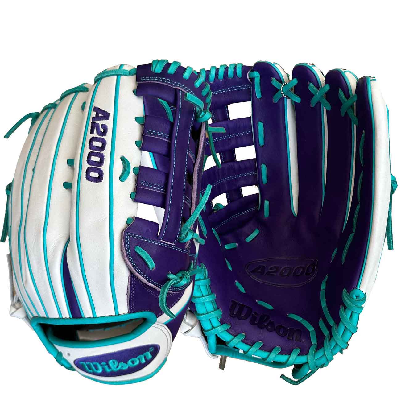 Gant de balle lente Wilson A2000 Utility 2025 13,5" pour droitier - Violet/Blanc/Bleu sarcelle