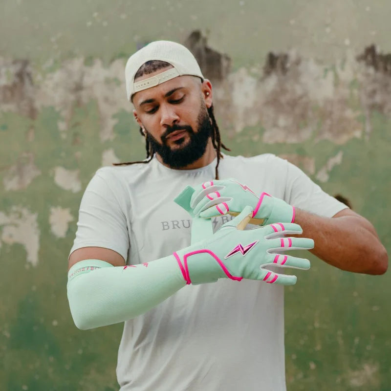 2026 Bruce Bolt Fernando Tatis Jr. Signature Series Long Cuff Batting Gloves BB-LCBG-FTJ25 - Youth - Mint / Pink